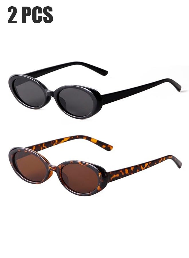 HY 2 PcsTrendy Retro Oval Sunglasses for Women, 90s Small Y2K Fashion Vintage Narrow Sun Glasses - Image 1