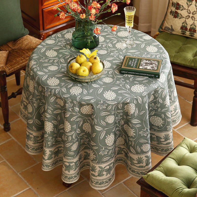 Isaenne Designer Grayish Green Linen Round Tablecloth Floral Elegant Stain Resistant Table Cloth Fall Vintage Decor Tablecloths For Dining Thanksgiving Kitchen Party Diameter 67""-Andrew A - Image 3