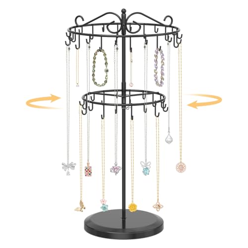 EsLuker.ly Necklace Holder Organizer Rotating Display Stand, 2 Tier Adjustable Height Necklaces Hanger Tree Tower with 42 Hooks, Metal Tall Jewelry Bracelet Storage Rack for Women Vendors Sell, Black - Image 1