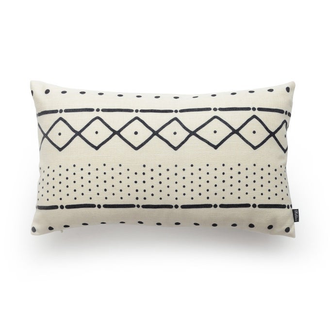 PREMIUM DECORATIVE LUMBAR PILLOW COVER HEAVY WEIGHT COTTON LINEN AFRICAN MUD CLOTH INSPIRED PRINT ETHNIC NATURAL DOTS AND LINE 12X20 30CM X 50CM