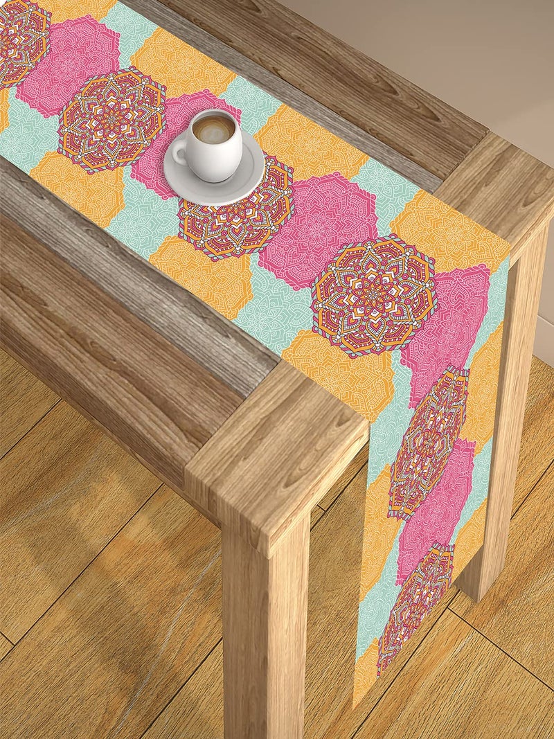 AEROHAVEN Abstract Pink & Yellow HD Digital Printed Premium Modern 4 Seater Table Runner Cloth - TR-25 - (Pink & Yellow, 13 x 60 Inch) - Image 1