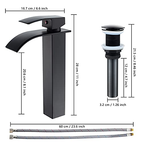 VOTON Vessel Sink Faucet Matte Black Modern Tall Waterfall Bathroom Sink Faucet with Pop-Up Drain Single Handle Bathroom Faucet 1 Hole Bowl Lavatory Vanity Faucet, Rv Sink Camper Farmhouse Faucet - Image 2