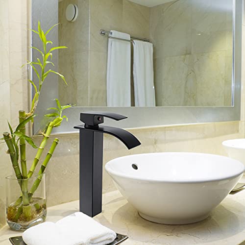 VOTON Vessel Sink Faucet Matte Black Modern Tall Waterfall Bathroom Sink Faucet with Pop-Up Drain Single Handle Bathroom Faucet 1 Hole Bowl Lavatory Vanity Faucet, Rv Sink Camper Farmhouse Faucet - Image 4