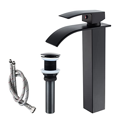VOTON Vessel Sink Faucet Matte Black Modern Tall Waterfall Bathroom Sink Faucet with Pop-Up Drain Single Handle Bathroom Faucet 1 Hole Bowl Lavatory Vanity Faucet, Rv Sink Camper Farmhouse Faucet - Image 1