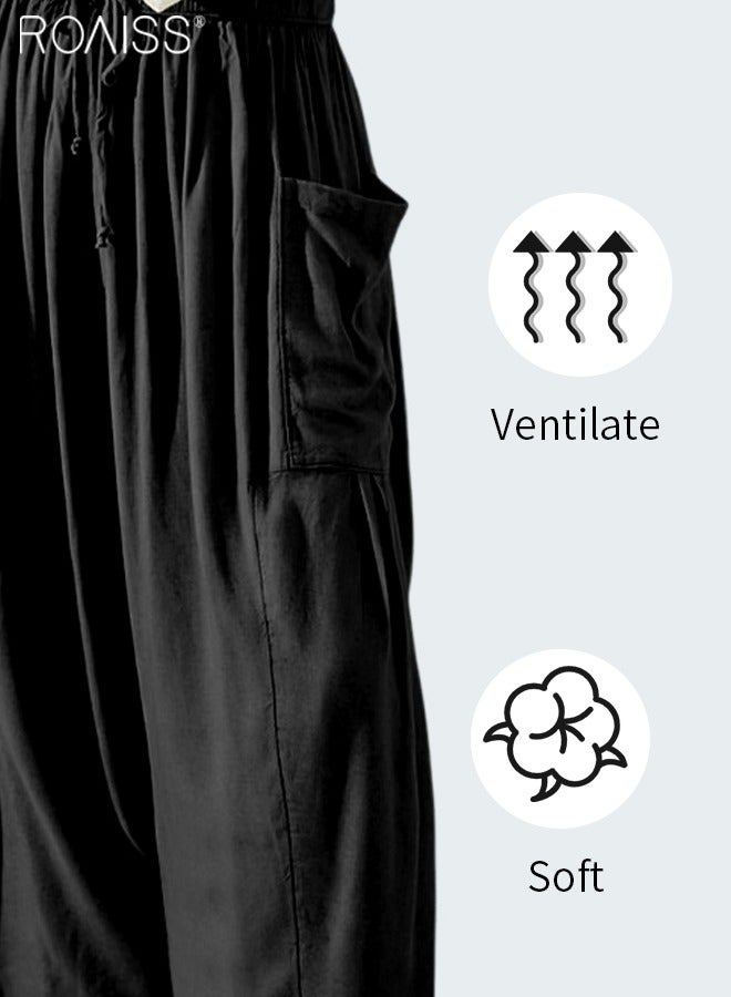 roaiss Women's Wide Leg Pants High Waisted Elastic Drawstring Casual Yoga Pants With Pockets - Image 5