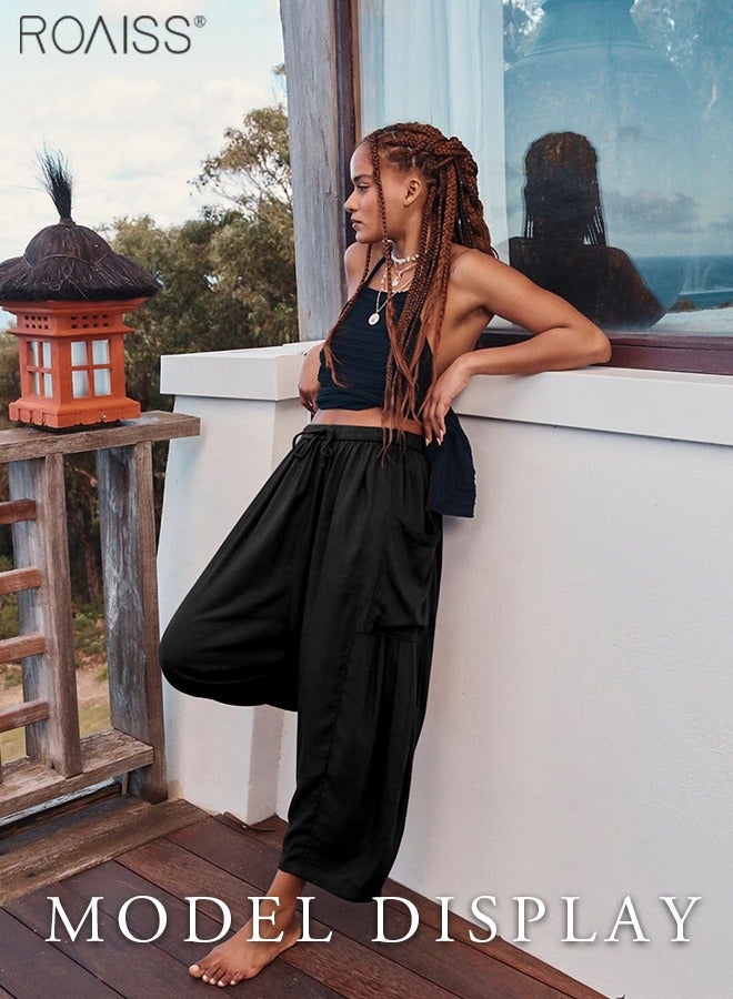 roaiss Women's Wide Leg Pants High Waisted Elastic Drawstring Casual Yoga Pants With Pockets - Image 4