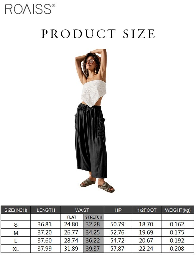roaiss Women's Wide Leg Pants High Waisted Elastic Drawstring Casual Yoga Pants With Pockets - Image 2