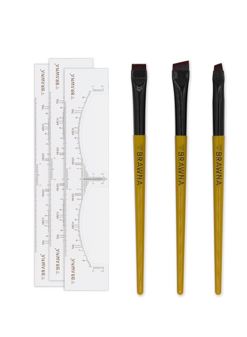 BRAWNA BRAWNA Eyebrow Brush Set with Brow Ruler Stickers - 3 Pcs Angled Precision Eyeliner Makeup Brushes - Brow & Lip Mapping - Concealer Flat Brush - Liner Brush for Gel, Powder, Cream, Pomade, Paste  - Image 1