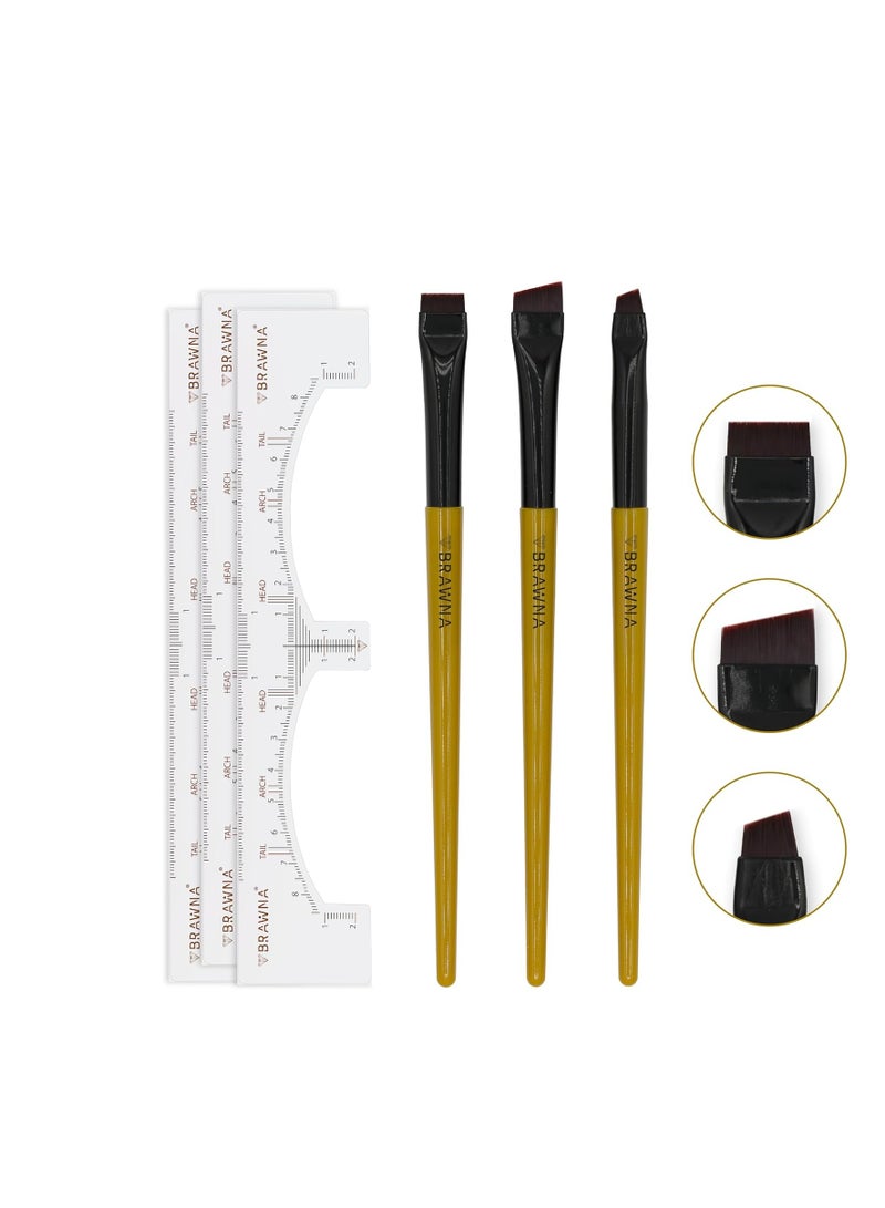 BRAWNA BRAWNA Eyebrow Brush Set with Brow Ruler Stickers - 3 Pcs Angled Precision Eyeliner Makeup Brushes - Brow & Lip Mapping - Concealer Flat Brush - Liner Brush for Gel, Powder, Cream, Pomade, Paste  - Image 3