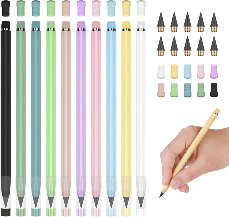 hotut Infinity Pencil,10PCS Inkless Pencil Forever Pencil with 10 Replaceable Nibs and 20 Eraser,NO-Sharpening Pencils for Kids for Writing Drawing Students Home Office School Supplies - Image 1