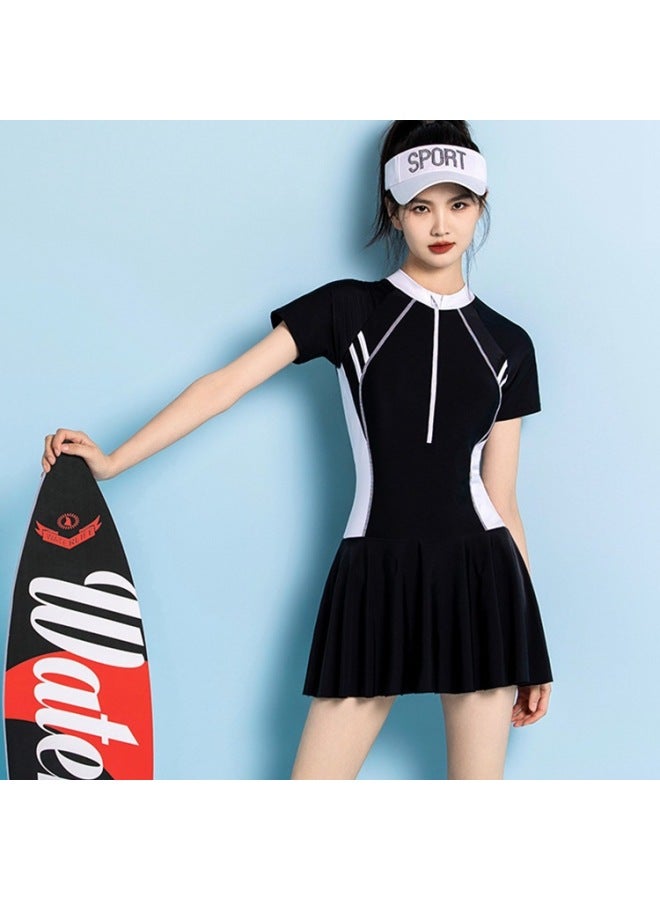 One-size-fitting sports one-piece boxer swimsuit for women, conservative, slim, belly-covering, sun-proof, swimming, fashionable, hot spring swimsuit - Color: 6301 Women's black and gray + swimming cap + swimming goggles -  - Image 2