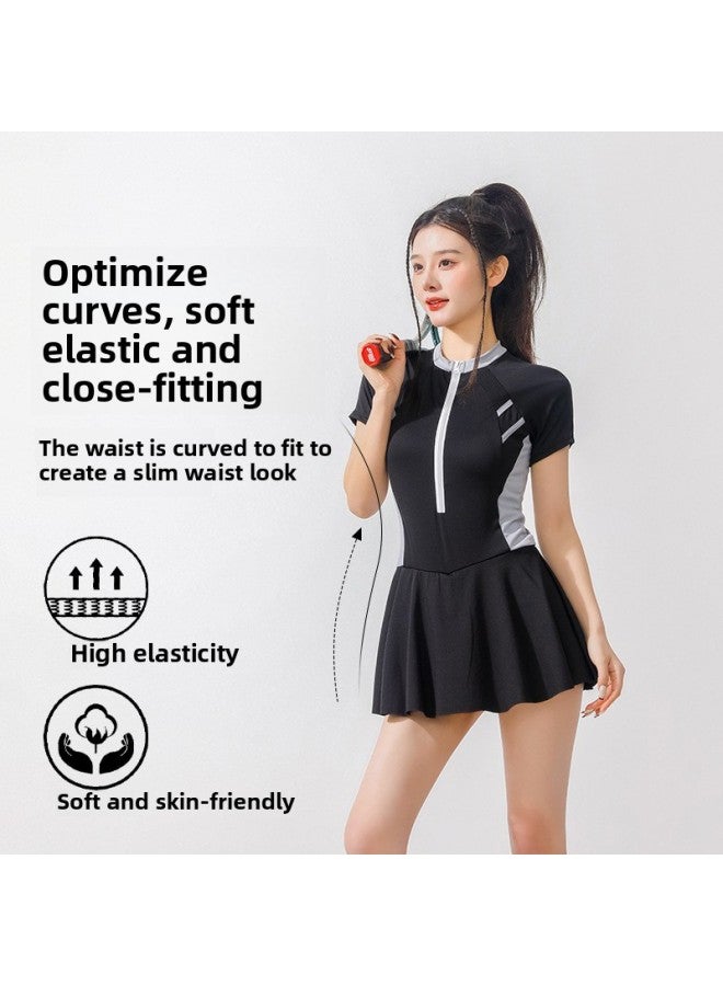 One-size-fitting sports one-piece boxer swimsuit for women, conservative, slim, belly-covering, sun-proof, swimming, fashionable, hot spring swimsuit - Color: 6301 Women's black and gray + swimming cap + swimming goggles -  - Image 4