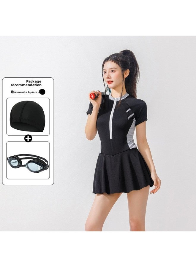 One-size-fitting sports one-piece boxer swimsuit for women, conservative, slim, belly-covering, sun-proof, swimming, fashionable, hot spring swimsuit - Color: 6301 Women's black and gray + swimming cap + swimming goggles -  - Image 1