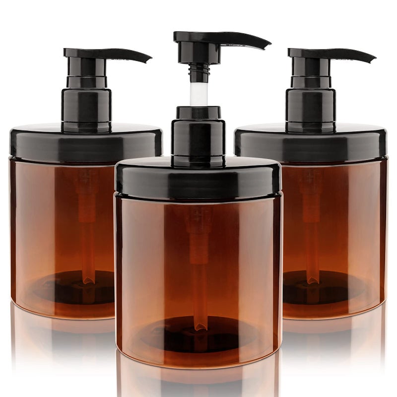 Hethyo Pump Bottle Dispenser 3 Pcs 600ml20oz Refillable Plastic Pump Bottles Wide Mouth Jar Style BPA Free Empty Pump Bottles Bathroom Shower Containers for Lotion Shampoo Conditioner Brown