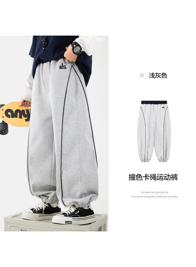 Boys' Spring Gray Jogger Sweatpants  New Style Youth Children's Color-blocking Loose Straight Pants Trendy
