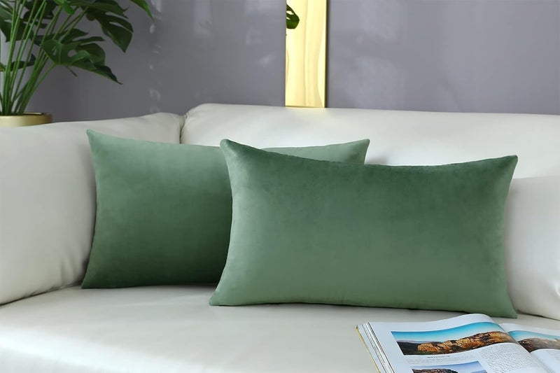 mixeoo Comfy Sage Green Throw Pillow Covers Decorative Lumbar Solid Rectangle Thick Velvet Super Soft Cushion Cases Home Decor for Sofa Couch Living Room Chair, Set of 2, 12 x 20 Inch - Image 2