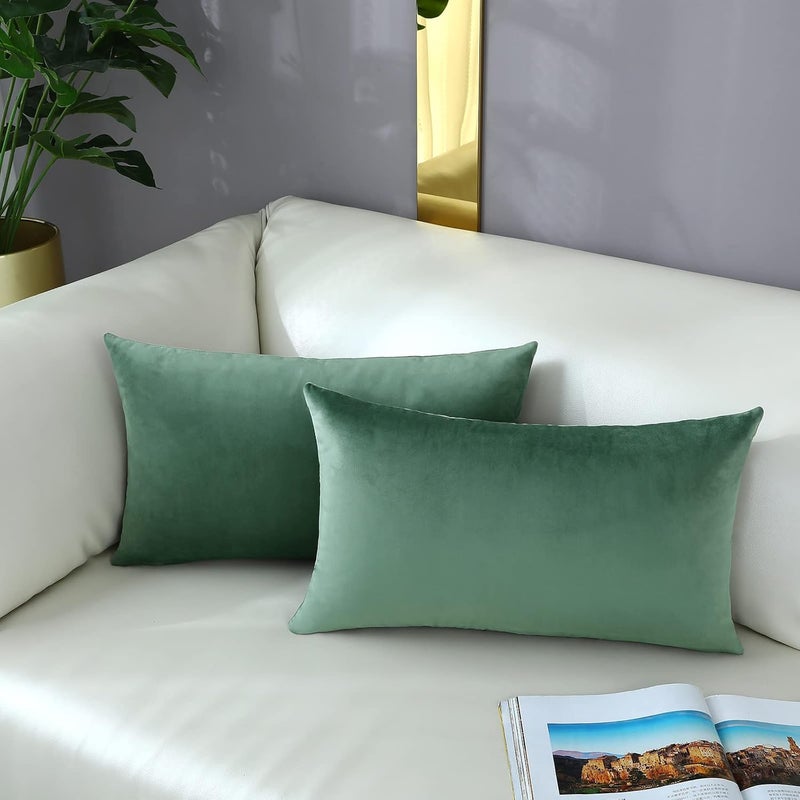 mixeoo Comfy Sage Green Throw Pillow Covers Decorative Lumbar Solid Rectangle Thick Velvet Super Soft Cushion Cases Home Decor for Sofa Couch Living Room Chair, Set of 2, 12 x 20 Inch - Image 3