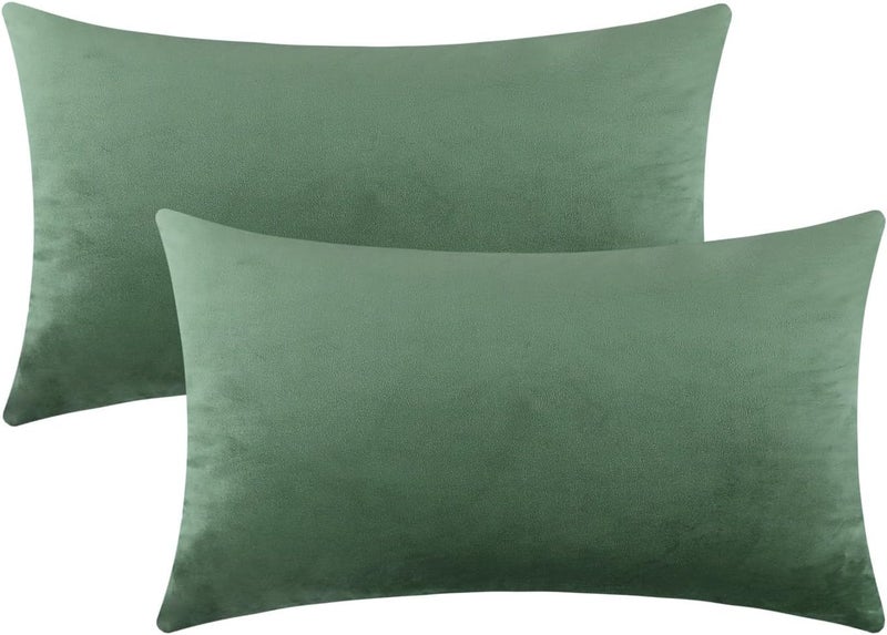 mixeoo Comfy Sage Green Throw Pillow Covers Decorative Lumbar Solid Rectangle Thick Velvet Super Soft Cushion Cases Home Decor for Sofa Couch Living Room Chair, Set of 2, 12 x 20 Inch - Image 1