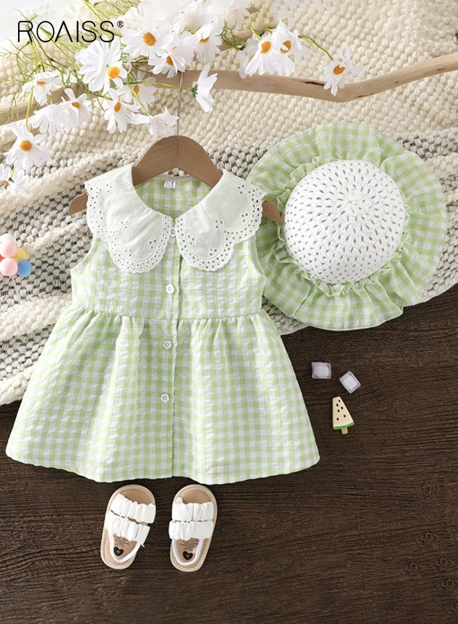 roaiss Girls 2PCS Summer Dress Set, Peter Pan Collar Sleeveless Dress and Sunhat Set, Stylish A-line Checkered Dress, Elegant Chic Frock for Girls, Suitable for Daily Wear, Vacations or Any Occasion - Image 1