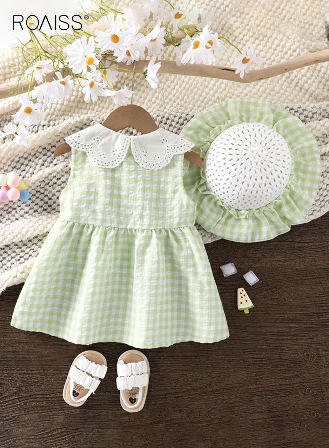 roaiss Girls 2PCS Summer Dress Set, Peter Pan Collar Sleeveless Dress and Sunhat Set, Stylish A-line Checkered Dress, Elegant Chic Frock for Girls, Suitable for Daily Wear, Vacations or Any Occasion - Image 2