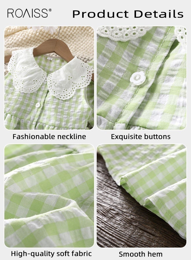 roaiss Girls 2PCS Summer Dress Set, Peter Pan Collar Sleeveless Dress and Sunhat Set, Stylish A-line Checkered Dress, Elegant Chic Frock for Girls, Suitable for Daily Wear, Vacations or Any Occasion - Image 4