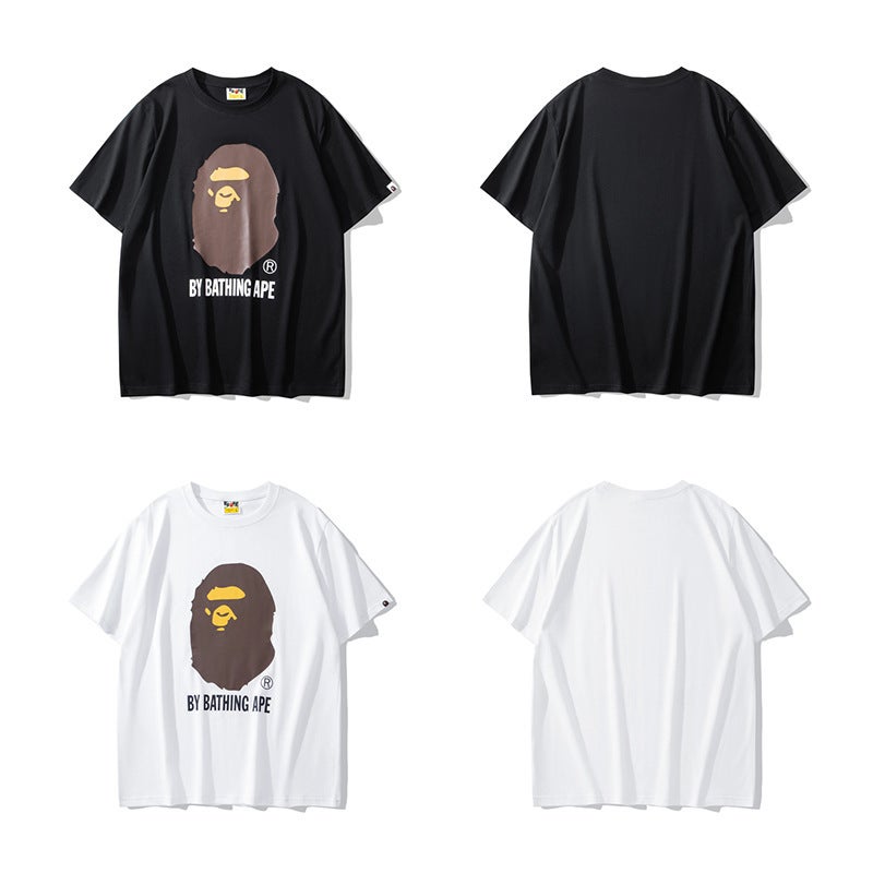 Summer Short Sleeve Brown Ape Print Cotton Tee Black  - Image 3