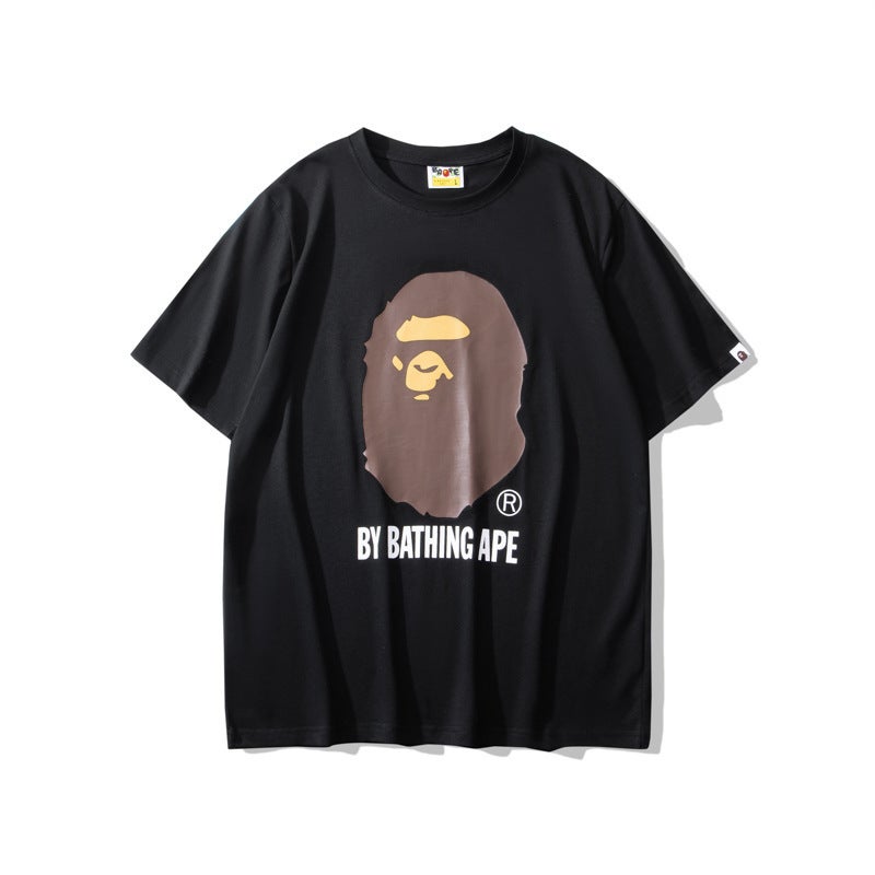 Summer Short Sleeve Brown Ape Print Cotton Tee Black  - Image 1