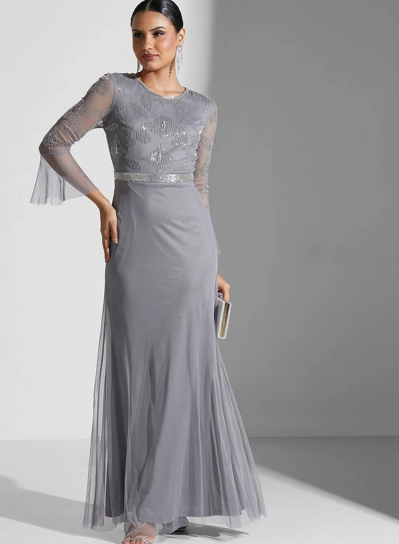 Amelia Rose Flute Sleeve Belt Detail Dress