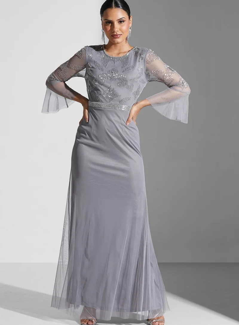 Amelia Rose Flute Sleeve Belt Detail Dress