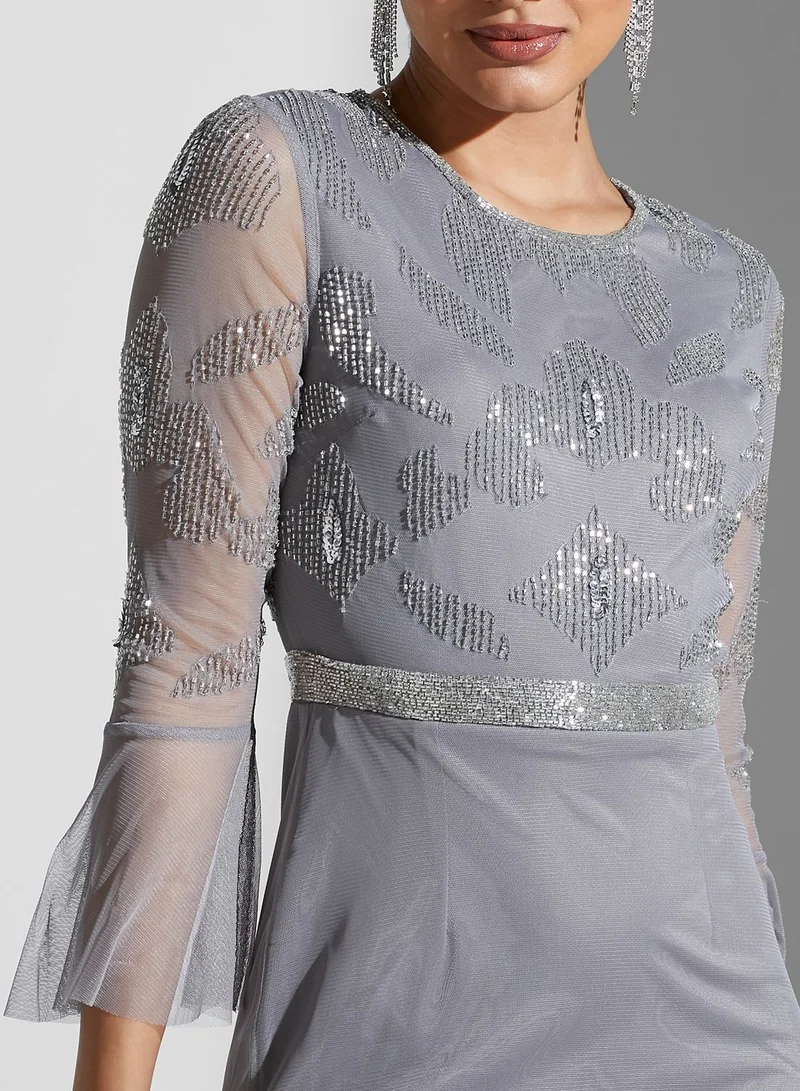 Amelia Rose Flute Sleeve Belt Detail Dress