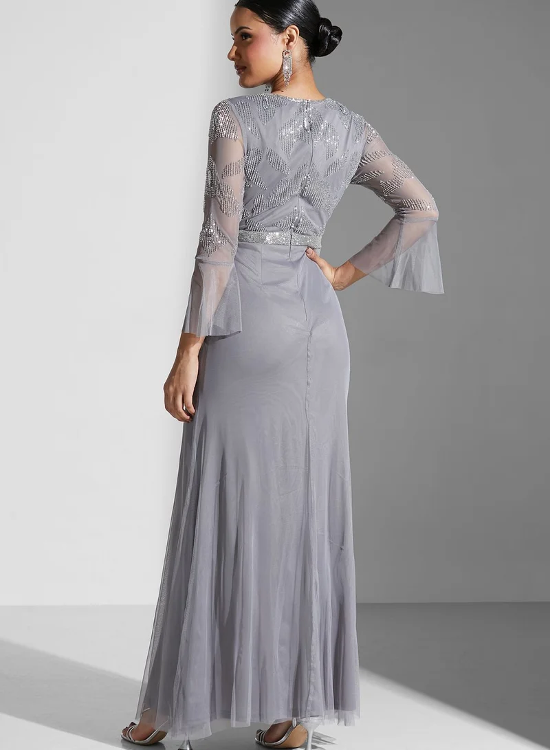 Amelia Rose Flute Sleeve Belt Detail Dress