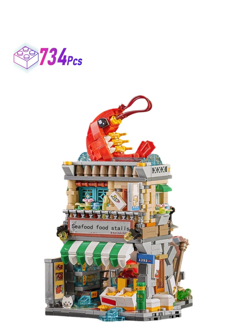 Loquat 734pcs Seafood Food Stalls, Street Series Model Set Building Blocks Creative Diy Simulation Collection Building Assembly Toys Children Adult Home Decoration - Image 1