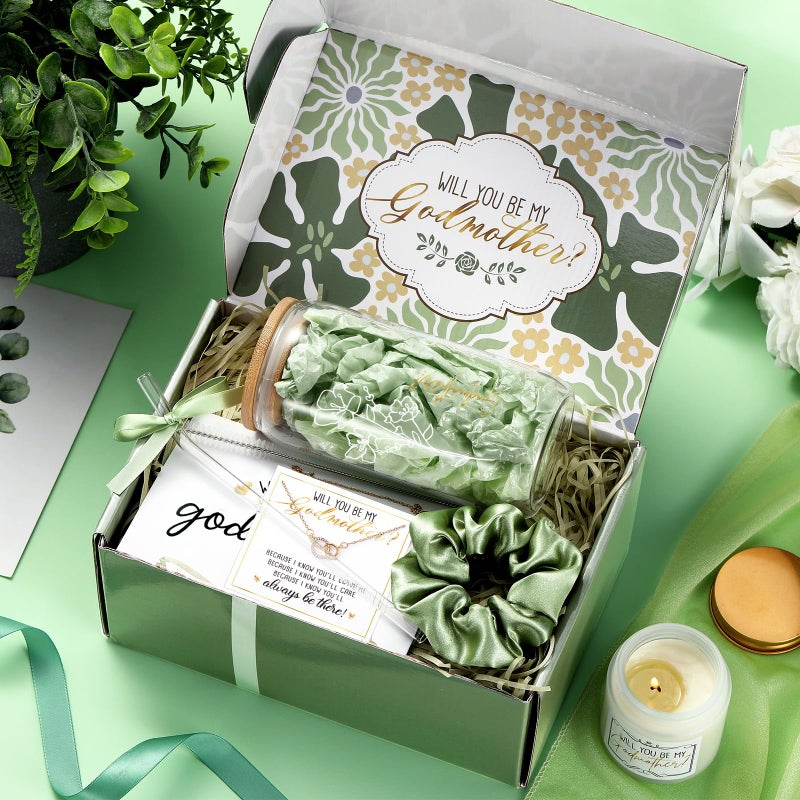 Singhoow 6 Pcs Godmother Proposal Gift Set, Will You Be My Godmother Gift Box, 12oz Glass Cup, Necklace & Scented Candle from Godchild for Baptism Motherâ€™s Day Birthday(English,Sage Green) - Image 4
