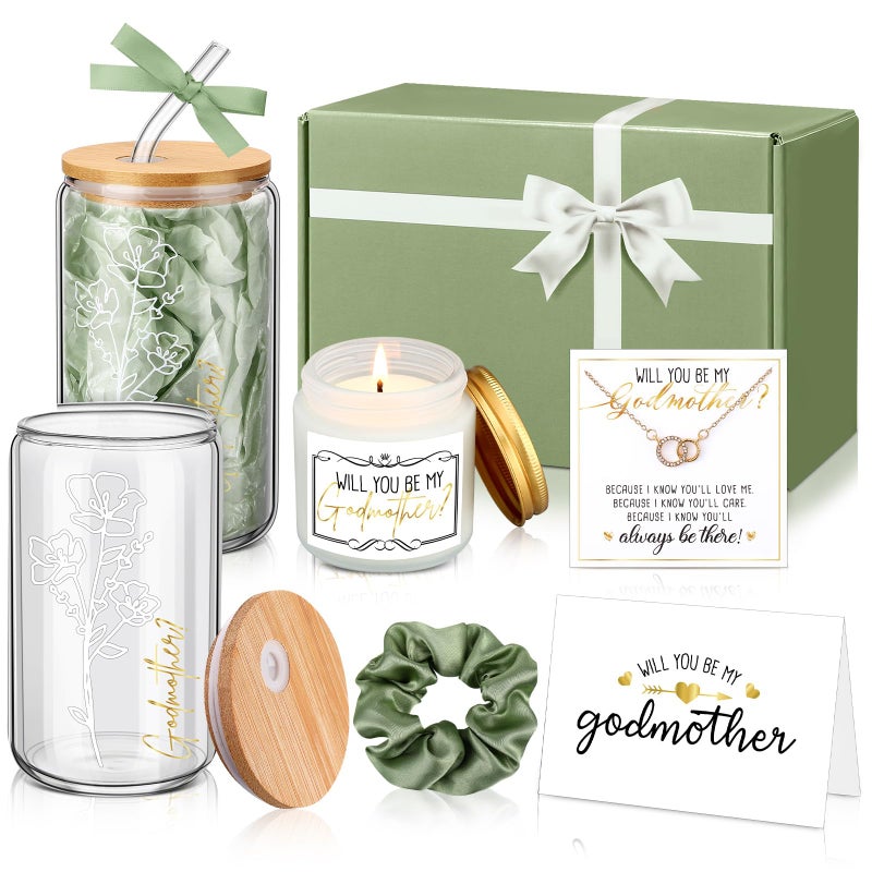 Singhoow 6 Pcs Godmother Proposal Gift Set, Will You Be My Godmother Gift Box, 12oz Glass Cup, Necklace & Scented Candle from Godchild for Baptism Motherâ€™s Day Birthday(English,Sage Green) - Image 1