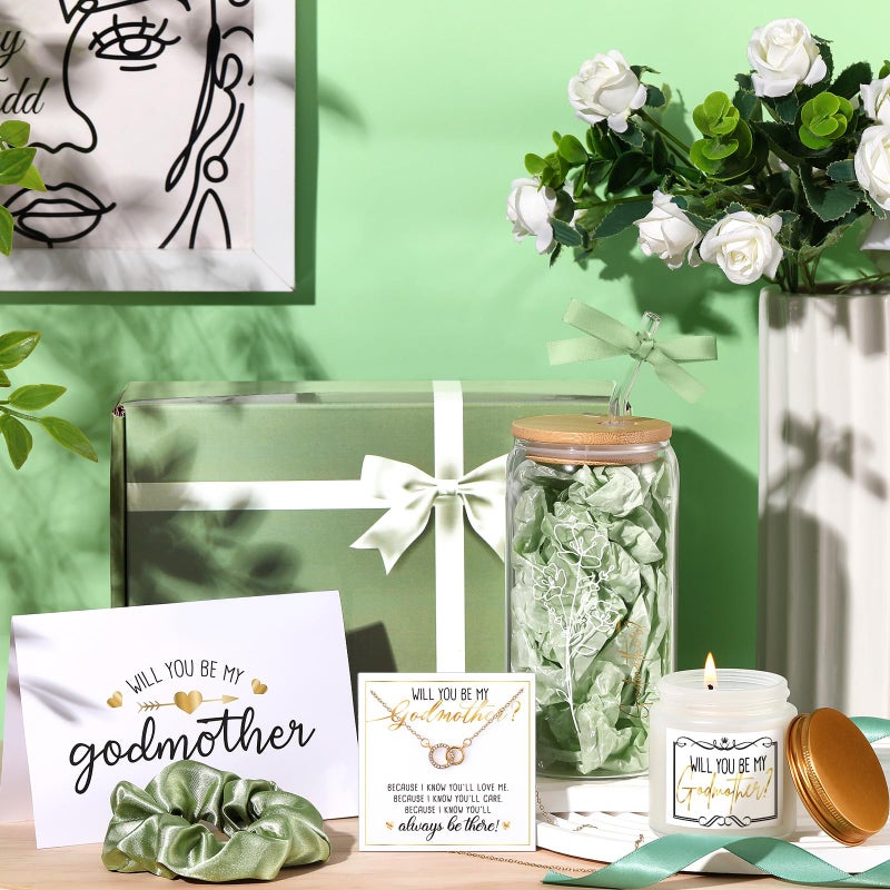 Singhoow 6 Pcs Godmother Proposal Gift Set, Will You Be My Godmother Gift Box, 12oz Glass Cup, Necklace & Scented Candle from Godchild for Baptism Motherâ€™s Day Birthday(English,Sage Green) - Image 2