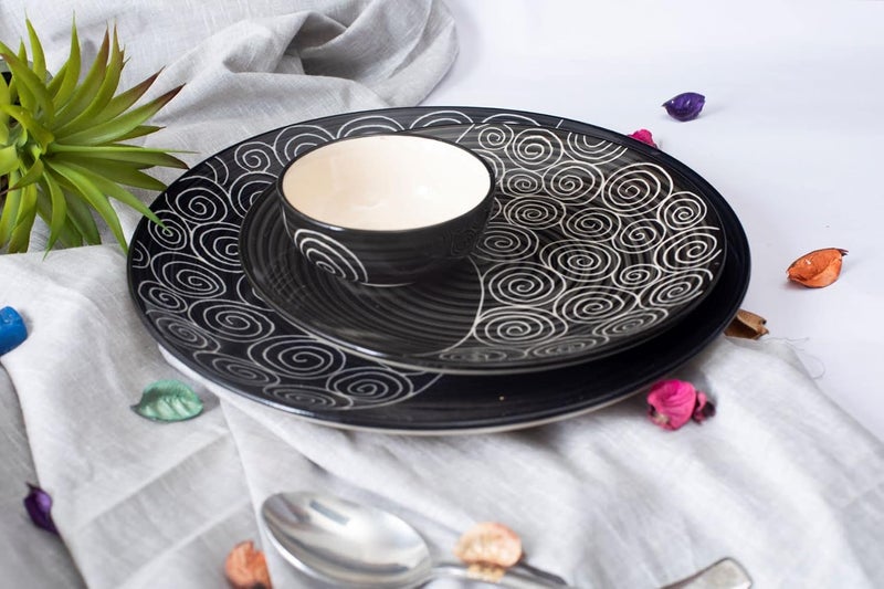 Caffeine Ceramic Handmade Black Doodle Dinner Set of 15 (4 Dinner Plate, 4 Quarter Plate, 4 Katori Bowl, 2 Water Glass, 1 Dip & Sauce) - Image 1