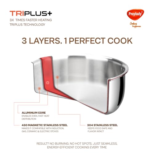 Praylady Tri Plus Triply Kadai with Lid | 22CM / 2.1L | Triply Kadai for Indian Cooking | Stainless Steel with Lid | Works on Induction & Gas | Easy to Clean & Durable - Image 3