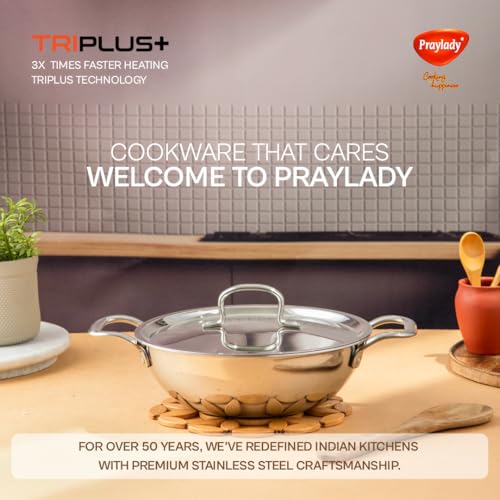 Praylady Tri Plus Triply Kadai with Lid | 22CM / 2.1L | Triply Kadai for Indian Cooking | Stainless Steel with Lid | Works on Induction & Gas | Easy to Clean & Durable - Image 2