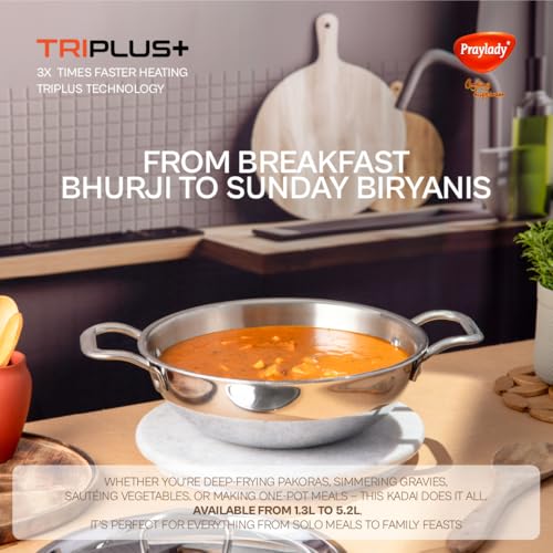 Praylady Tri Plus Triply Kadai with Lid | 22CM / 2.1L | Triply Kadai for Indian Cooking | Stainless Steel with Lid | Works on Induction & Gas | Easy to Clean & Durable - Image 5