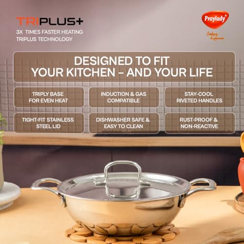 Praylady Tri Plus Triply Kadai with Lid | 22CM / 2.1L | Triply Kadai for Indian Cooking | Stainless Steel with Lid | Works on Induction & Gas | Easy to Clean & Durable - Image 4