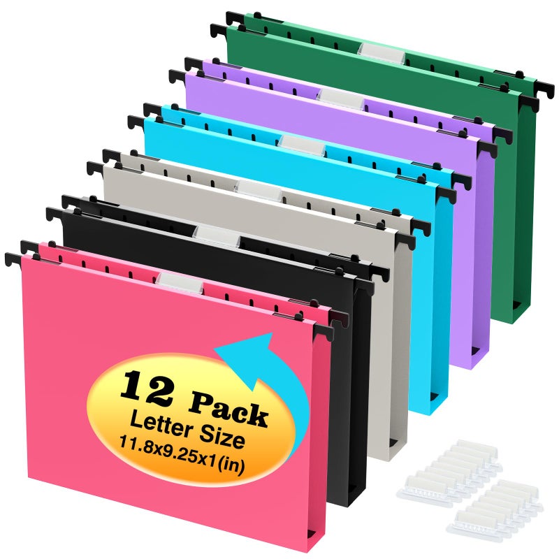 SHUTEX Extra Capacity Plastic Hanging File Folders,12 Pack Reinforced Hang Folder,Heavy Duty 1 Inch Expansion,Filing Cabinet Folders Letter Size for Bulk Files/Medical Charts (No Sealed, Assorted Colors) - Image 1