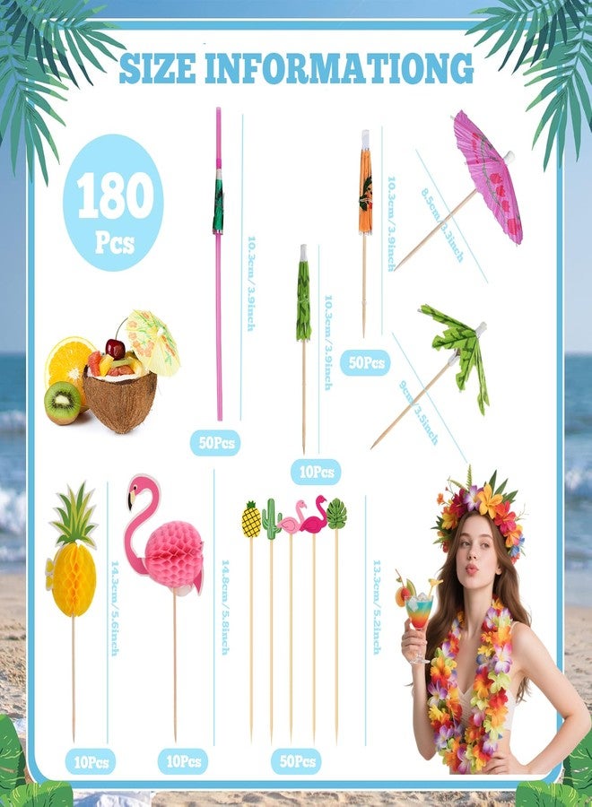 PAKCHOICE Drink Umbrellas, 180PCS Cocktail Drink Accessories Includes Umbrella Straws, Umbrella Toothpicks, Decoration Picks for Aloha Tropical Hawaiian Luau Party - Image 2