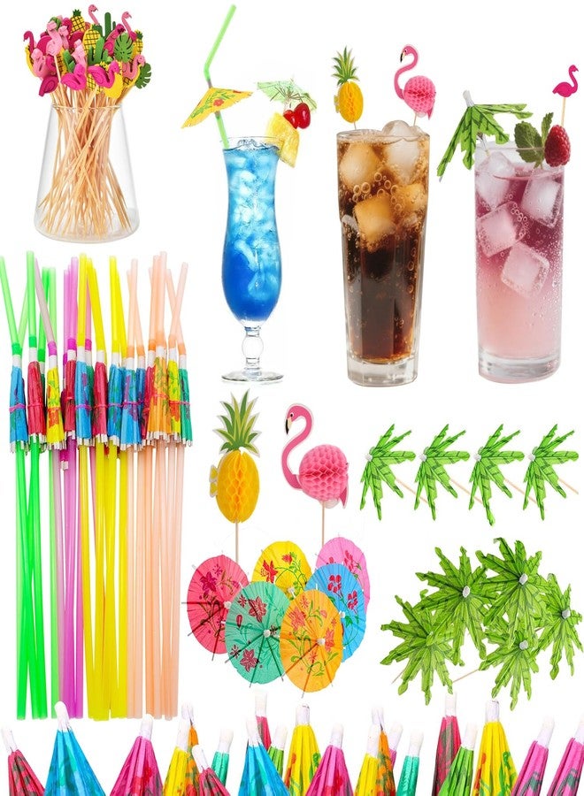 PAKCHOICE Drink Umbrellas, 180PCS Cocktail Drink Accessories Includes Umbrella Straws, Umbrella Toothpicks, Decoration Picks for Aloha Tropical Hawaiian Luau Party - Image 1