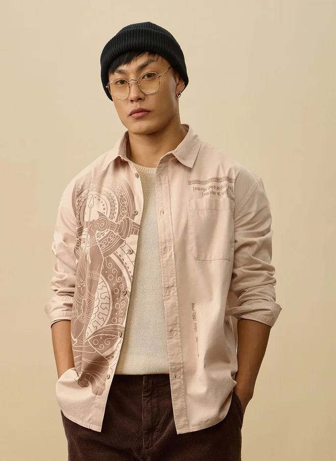 The Souled Store Men Relaxed Fit Printed Beige Shirt