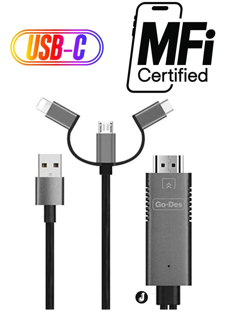 JAJEEK 3-in-1 HDMI Cable Adapter – Lightning, Micro USB & USB-C to HDMI, 4K Ultra HD, Plug & Play, Charging While Displaying, Compatible with Android & iOS Devices - Image 1