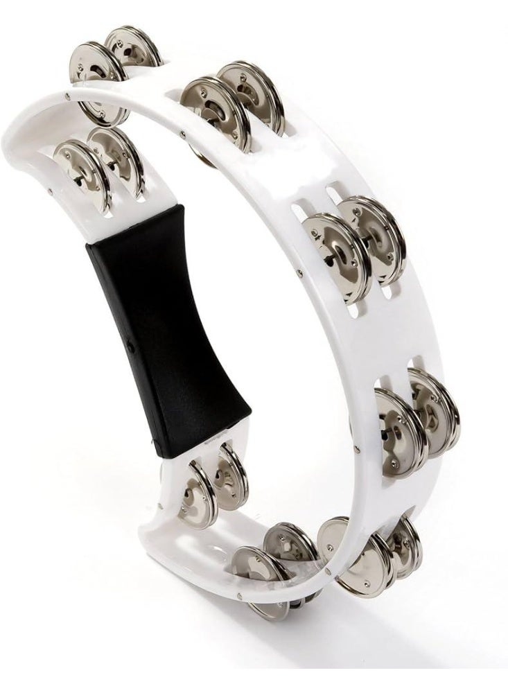 Half Moon Tambourine Handheld Bell Shaker Handbell Rattle Rhythm Hand Percussion Instrument with Double Row of 16x Steel Jingle Pair & Ergonomic Grip for Band Party Concert School Church - Image 1