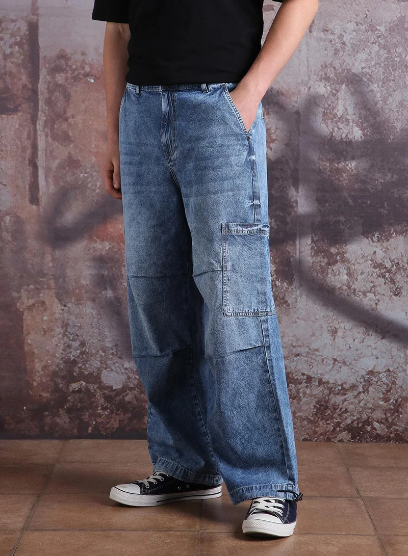 Hubberholme  Men Pure Cotton Parachute Cargo Denim Light Fade Loose Fit Jeans for Men | Best Price UAE