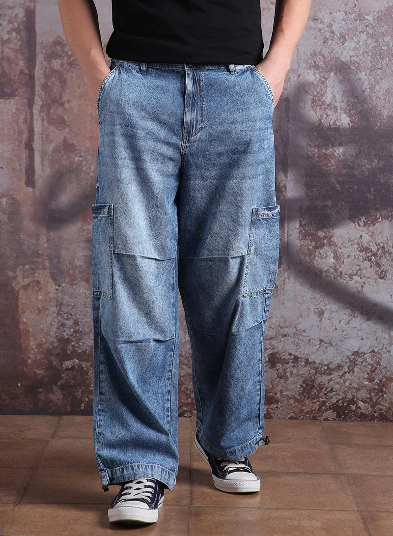 Hubberholme  Men Pure Cotton Parachute Cargo Denim Light Fade Loose Fit Jeans for Men | Best Price UAE