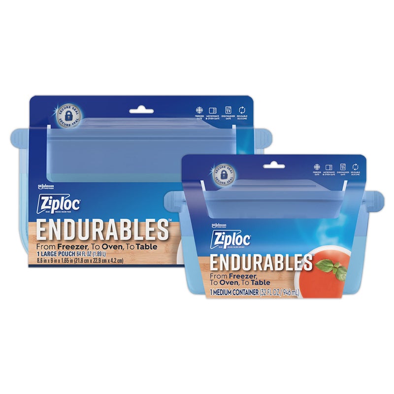 زيبلوك ziploc endurtins حقيبة كبيرة وحاوية متوسطة قابلة لإعادة الاستخدام وأكياس السيليكون وحاويات إعداد وجبة تخزين الطعام لفرن الفريزر وغسالة الصحون في الميكروويف آمنة - Image 1
