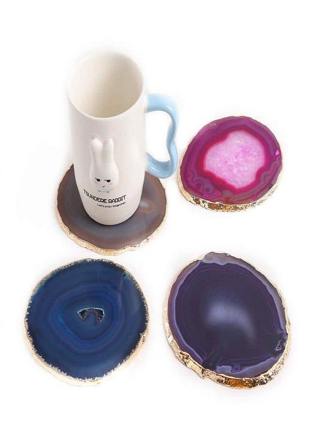 JIC Gem Mixed Color Agate Coasters Set of 4, Dyed Crystal Coaster for Drinks, Geode Agate Slice with Gold Edge, with Rubber Bumper,for Coffee Table,Home Decor (3－4") - Image 4
